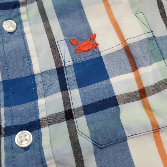 Plaid Short Sleeve Button Up T-Shirt with Embroidered Crab Whale Hello There - Picture 5 of 5